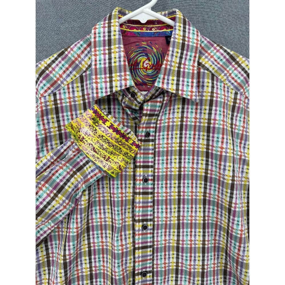 Robert Graham Dress Shirt Plaid Mens M Flip Cuff Floral Geometric Collar Preppy